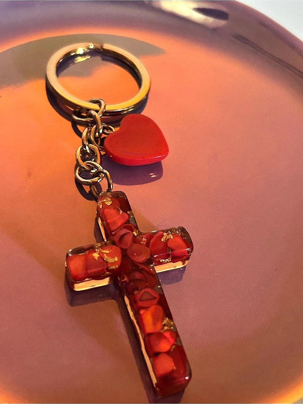 Red Cross Keychain with Heart Charm